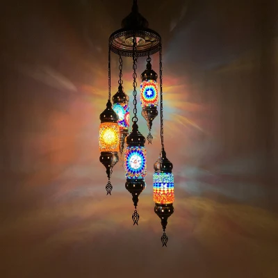 Lámpara de techo de mosaico, colgante de mosaico de 5 globos, luz colgante de techo turca decorativa, pantalla de mosaico de nuevo diseño Asylove